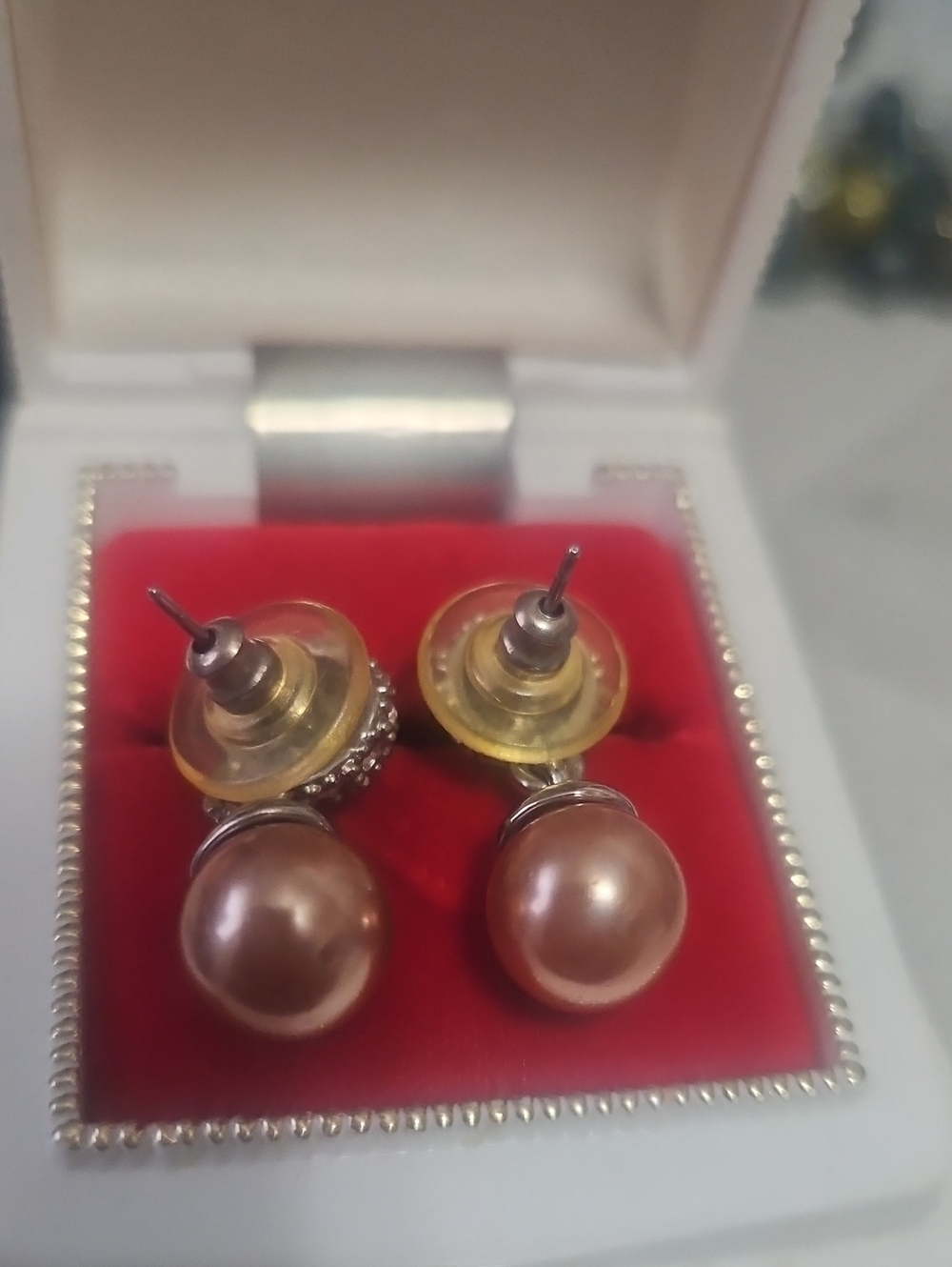 Pink Pearl Drop Earrings In Plated Brass Rhinestone Encrusted Pave Ball. - Picture 5 of 10